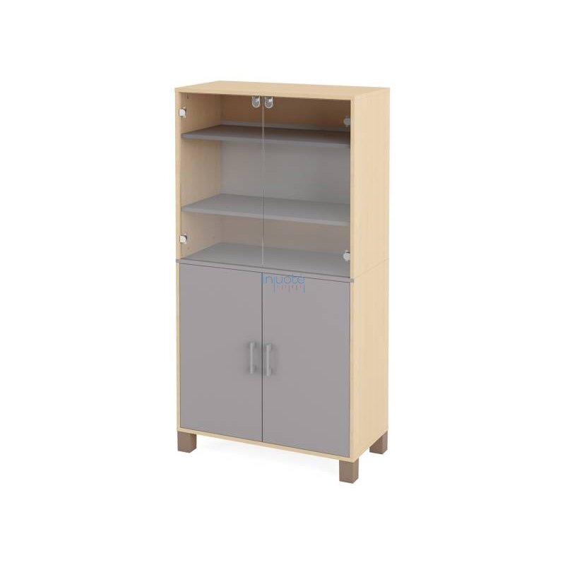 Aukšta spinta su lentynomis, stiklinėmis ir pilkomis durelėmis. Fresh kolekcija