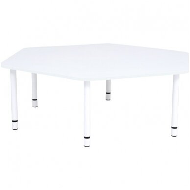 Šešiakampis stalas su reg. aukščio koja, baltos sp.