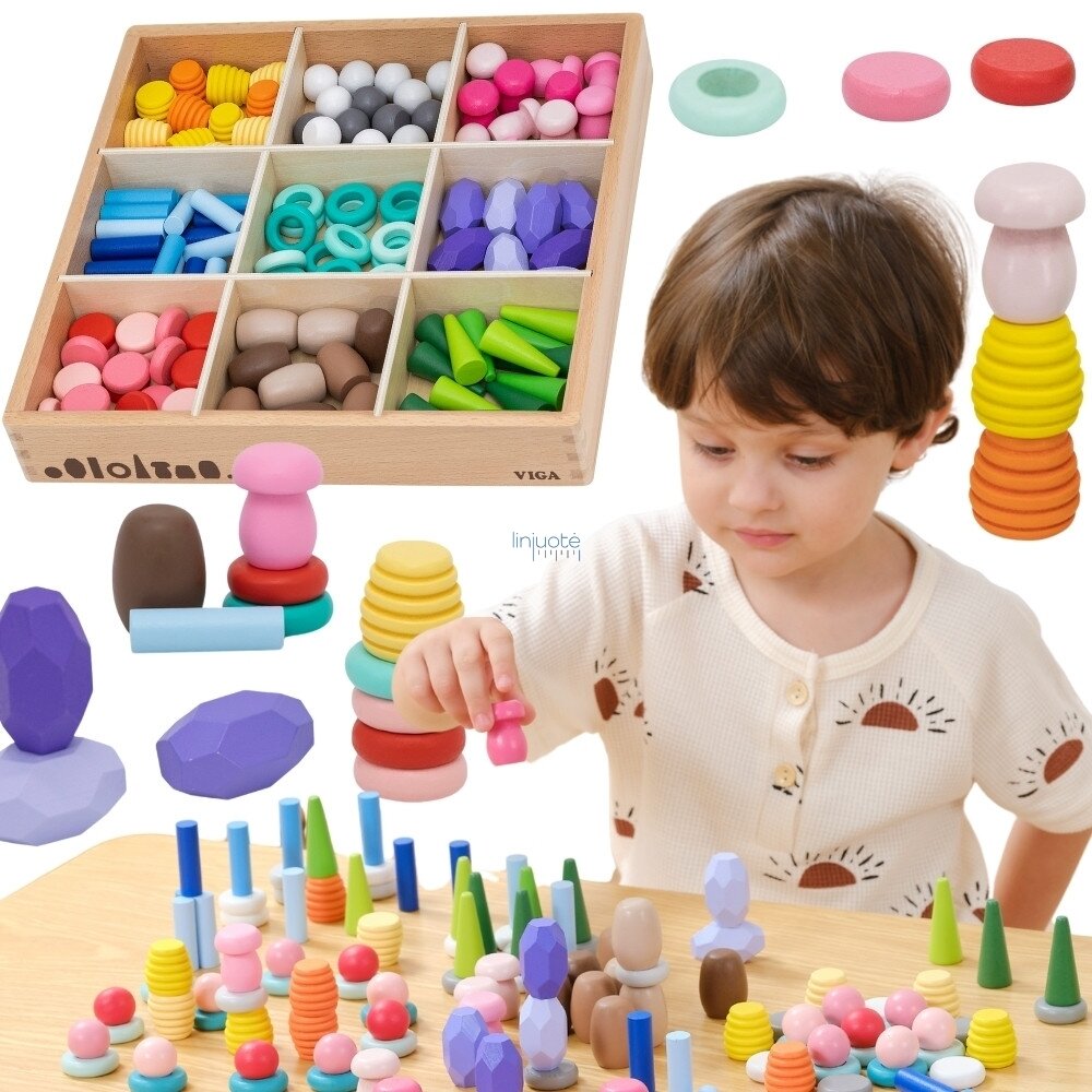 VIGA Edukacinės medinės kaladėlės Montessori dėlionė Sorter 141 el.