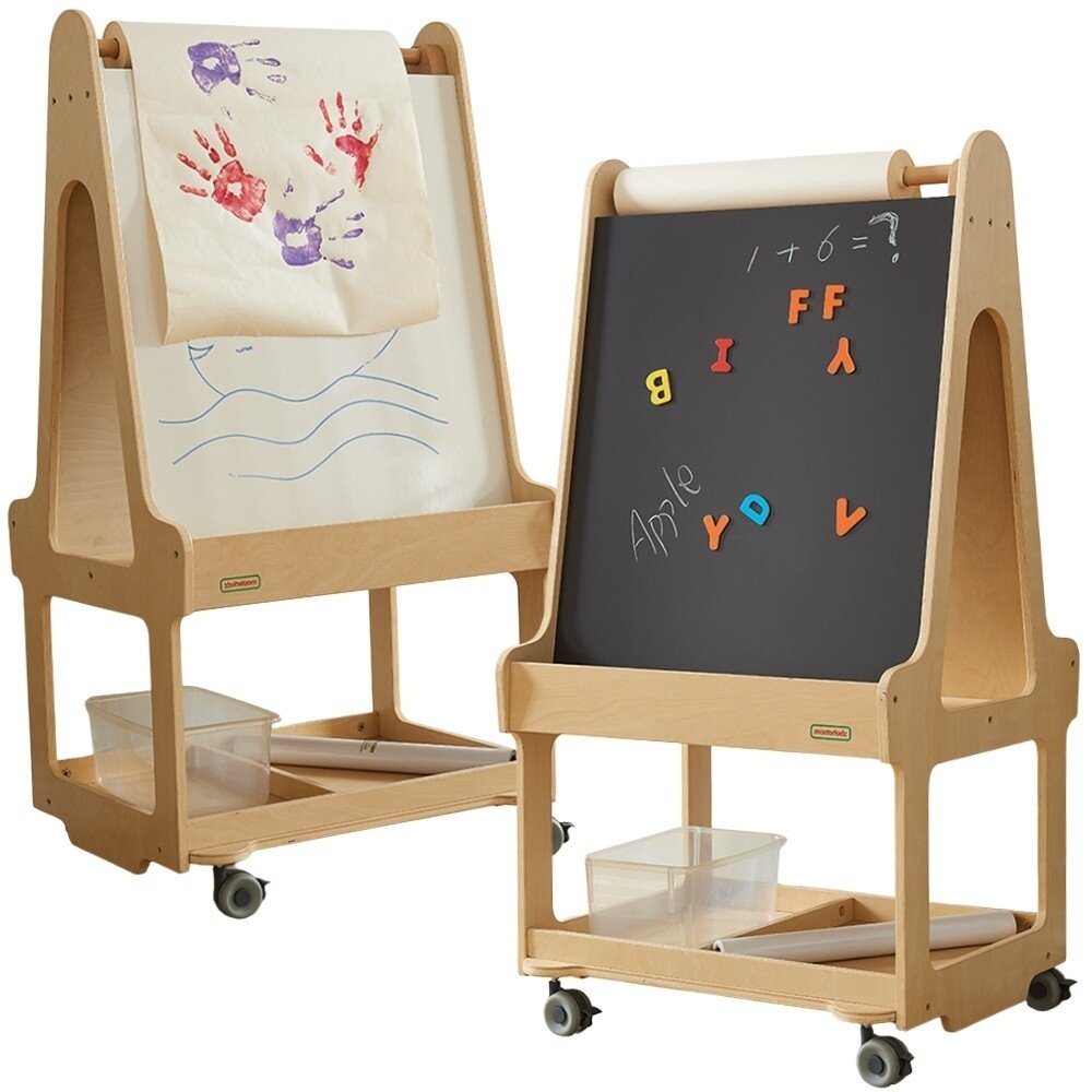 MASTERKIDZ Dvipusė sauso valymo lenta-molbertas 3in1 ant ratukų