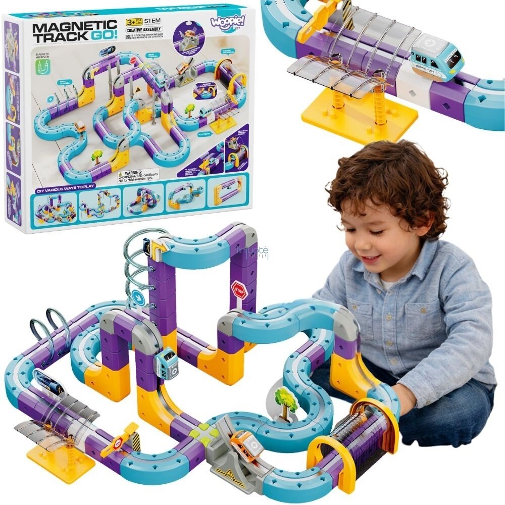 WOOPIE magnetinis konstrukcinis rinkinys geležinkelio trasa su traukos efektu 126 el.