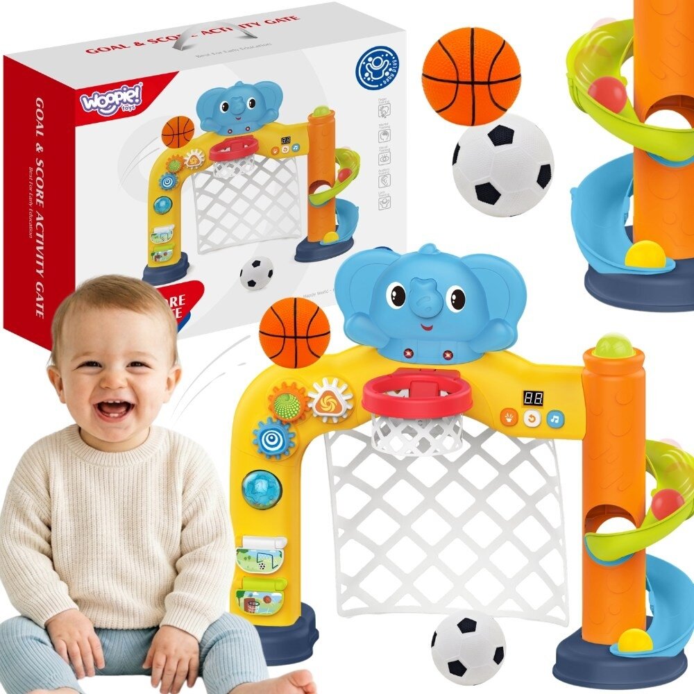WOOPIE BABY Interaktyvus sporto centras 2in1: vartai ir krepšys su drambliuku