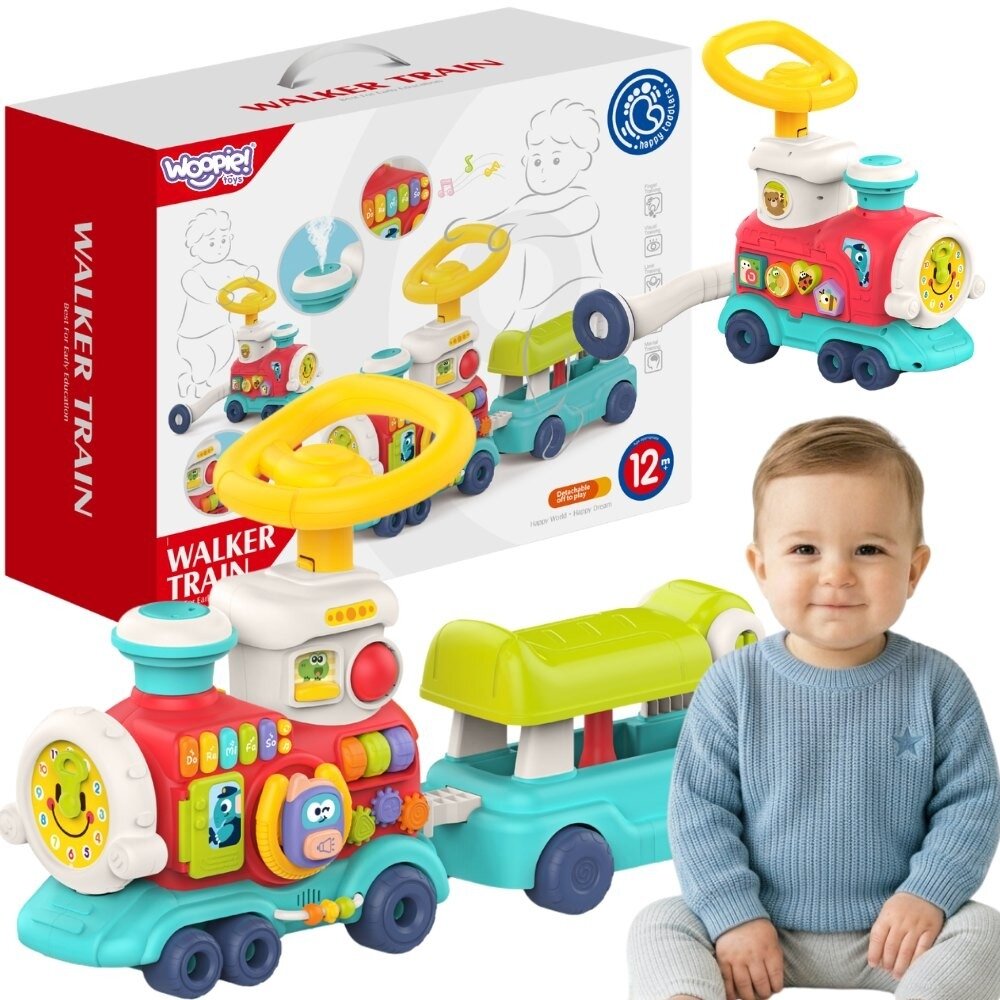 WOOPIE BABY Lokomotyvas Stumdukas Važiuonė Ežiukas 2in1 Interaktyvus Traukinys