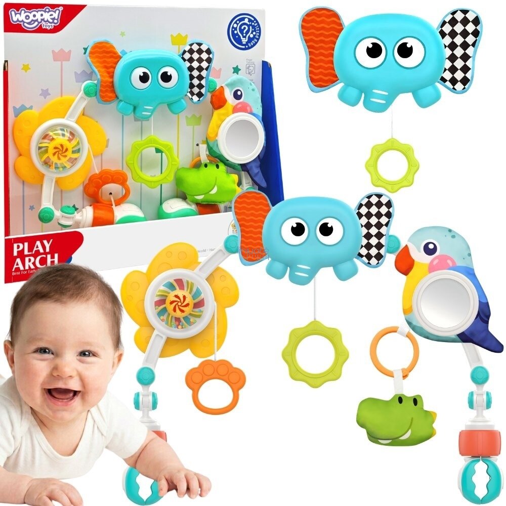 WOOPIE BABY Sensorinis lankas su žaislais lovytei ir vežimėliui Drambliukas Papūga WOOPIE BABY Sensorinis lankas su žaislais lovytei ir vežimėliui Drambliukas Papūga