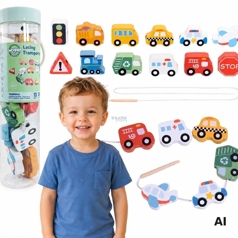 WOOPIE GREEN Medinė vėrimo dėlionė Transportas 13 el.