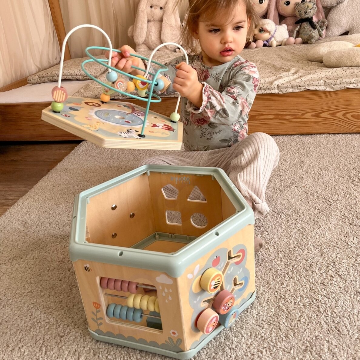 TOOKY TOY Interaktyvus medinis Montessori šešiakampis atidaromas dėžutės tipo žaislas 4