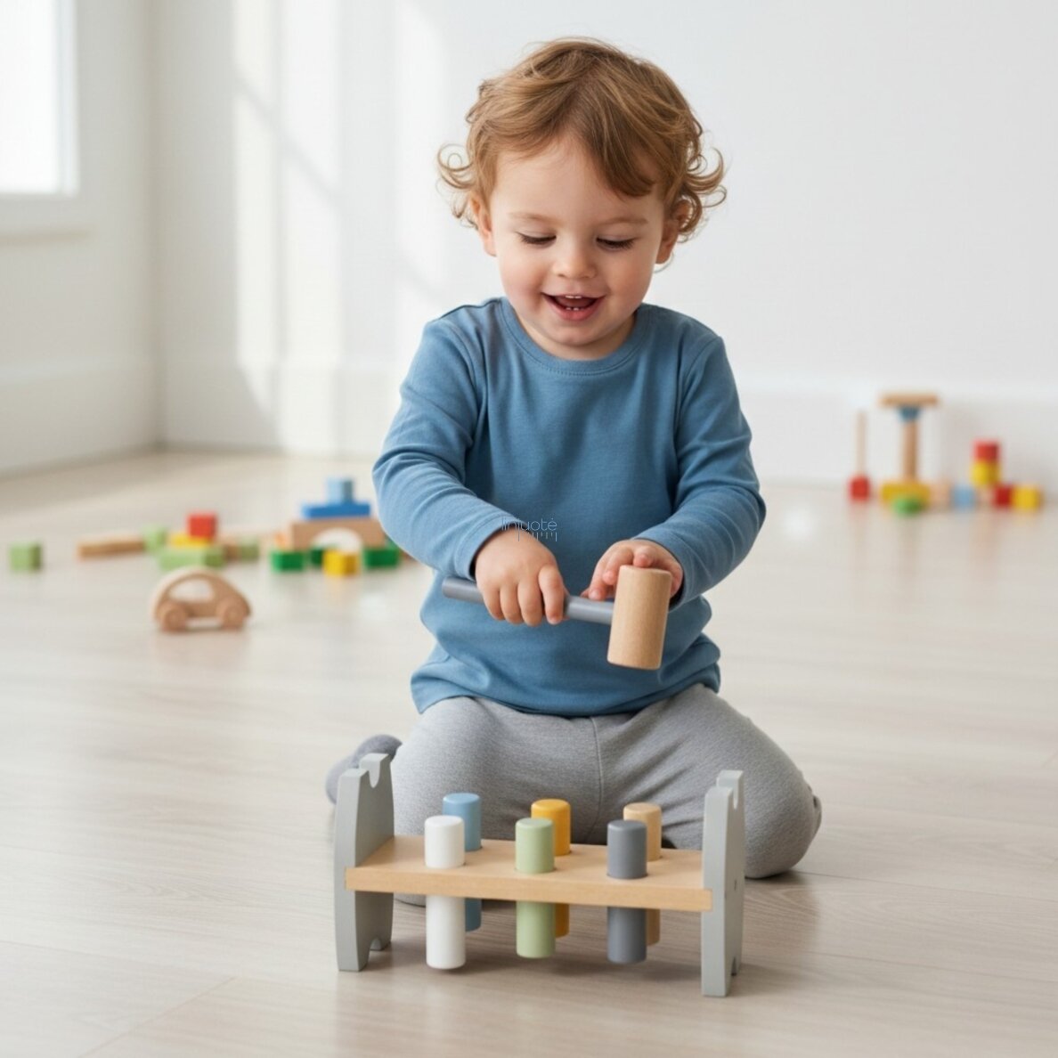 Viga PolarB Medinis Montessori plaktukas-kaladėlė su plaktuku Pingvinukas 2