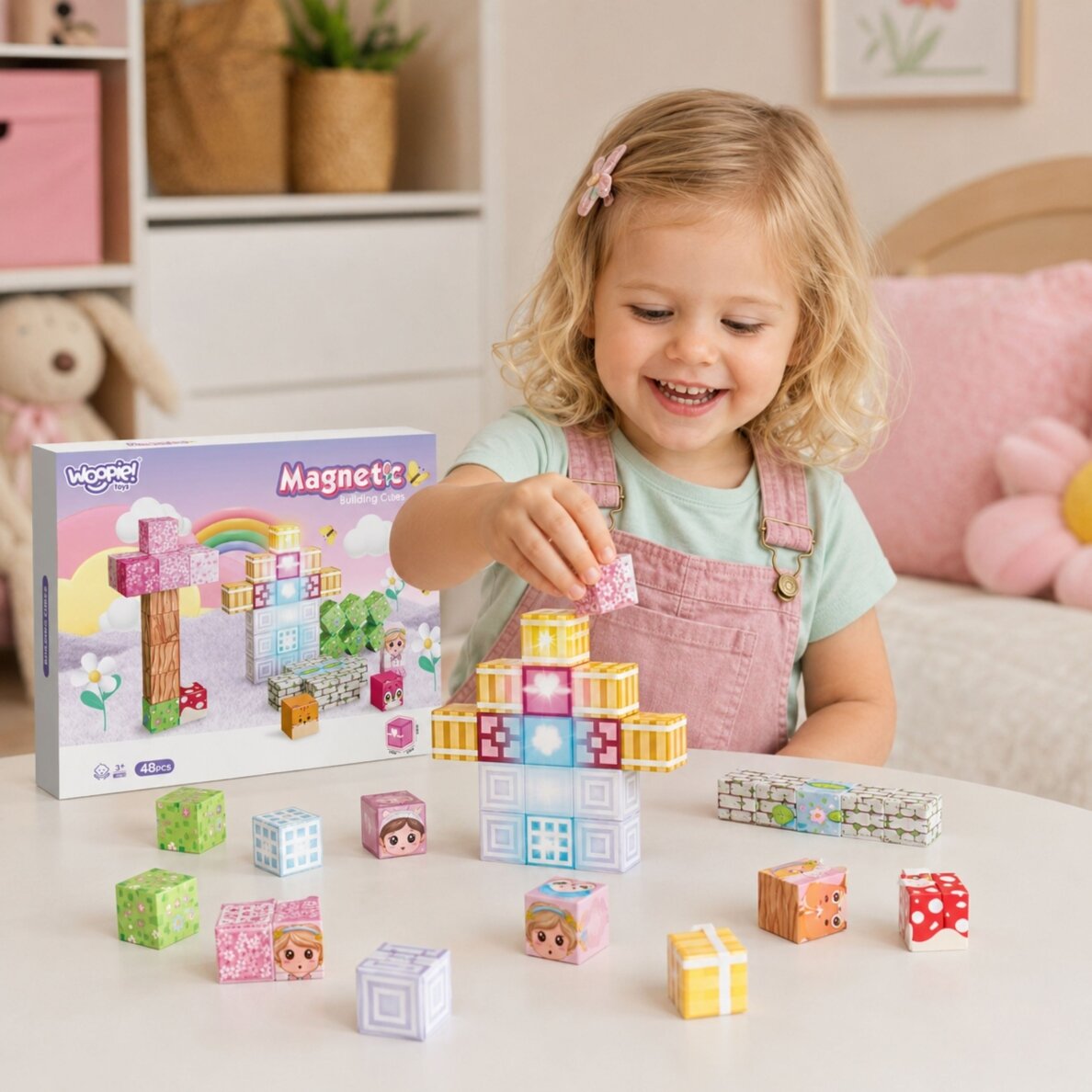 Woopie magnetinės kaladėlės-kubai 48 vnt. Montessori edukacinė 3D dėlionė 1