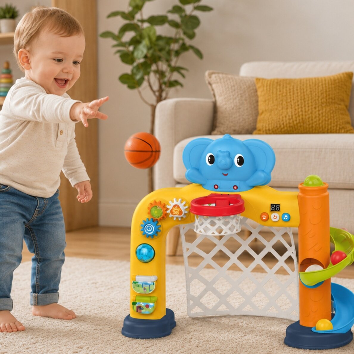 WOOPIE BABY Interaktyvus sporto centras 2in1: vartai ir krepšys su drambliuku 1 WOOPIE BABY Interaktyvus sporto centras 2in1: vartai ir krepšys su drambliuku 1