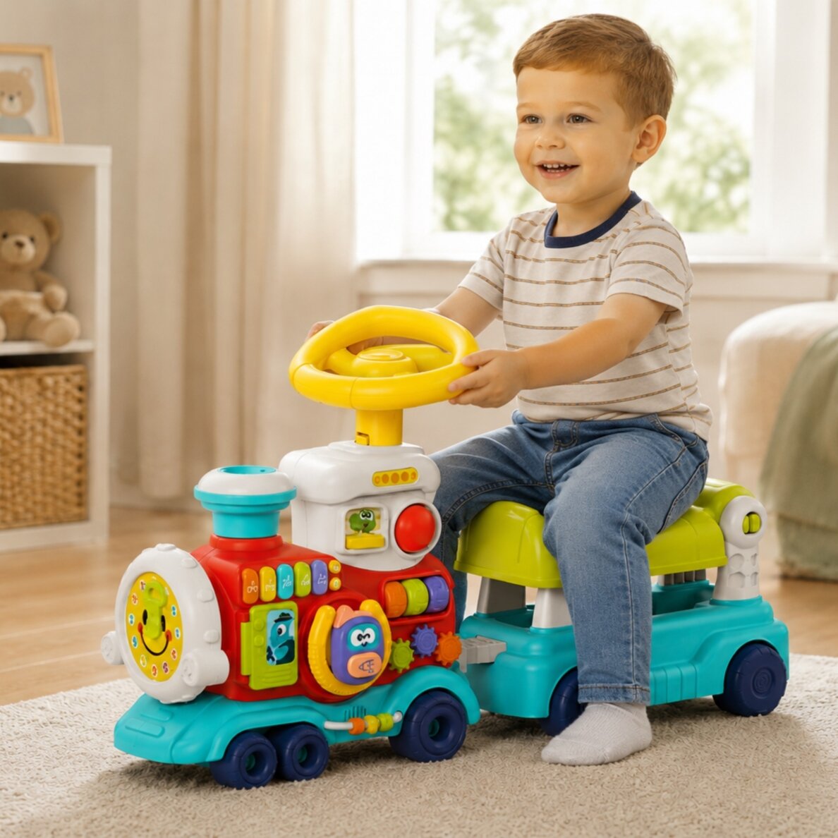 WOOPIE BABY Lokomotyvas Stumdukas Važiuonė Ežiukas 2in1 Interaktyvus Traukinys 1