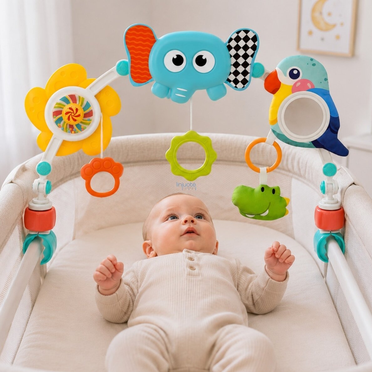 WOOPIE BABY Sensorinis lankas su žaislais lovytei ir vežimėliui Drambliukas Papūga 1