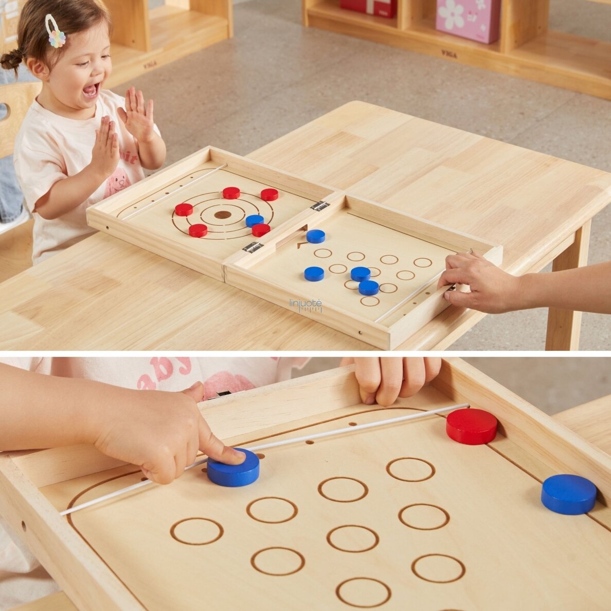 VIGA medinis vikrumo žaidimas 4in1 Stalo ledo ritulys Kerlingas Boulingas Ludo 3