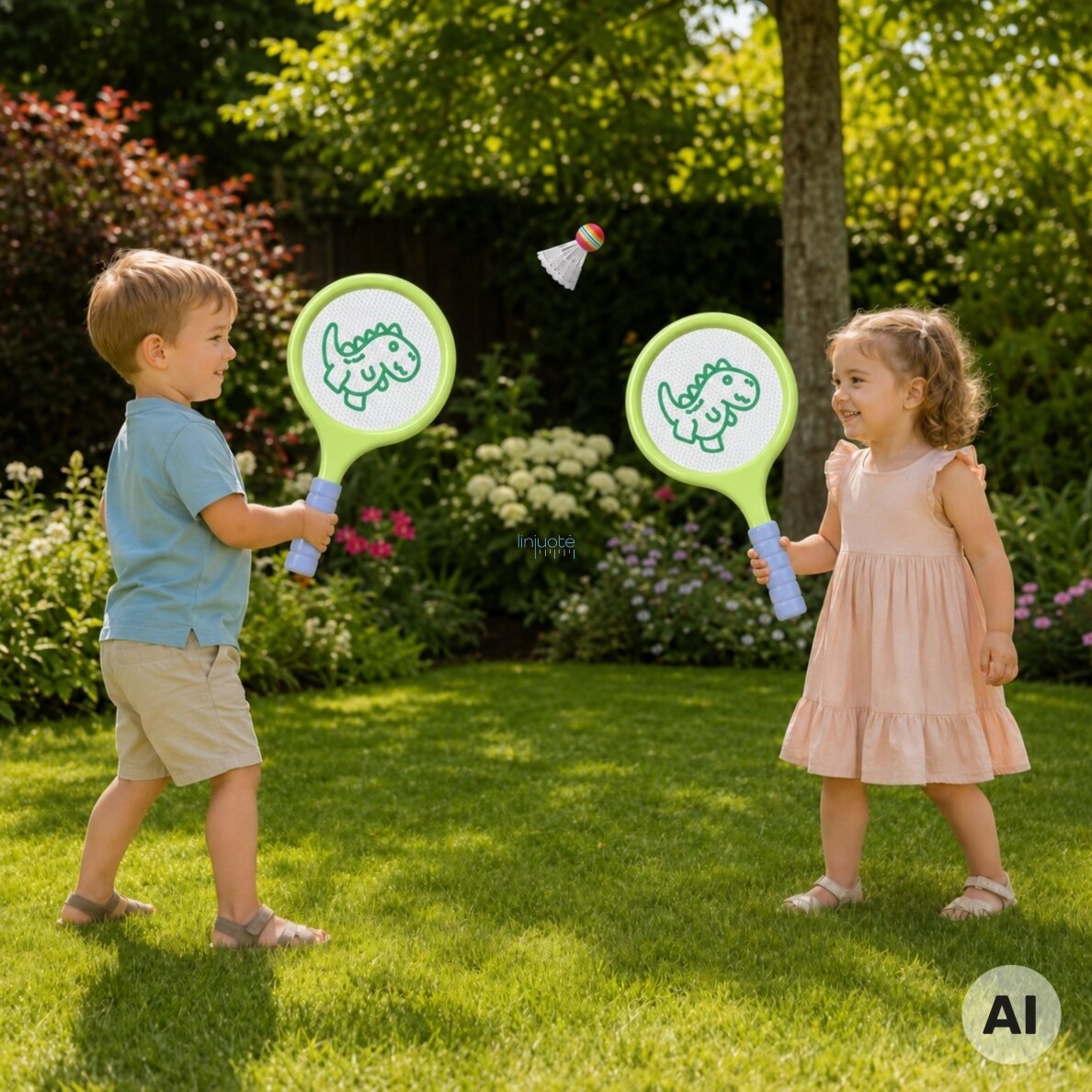 WOOPIE Badmintono ir teniso raketės su putų kamuoliuku ir plunksniuku Dinozauras 1