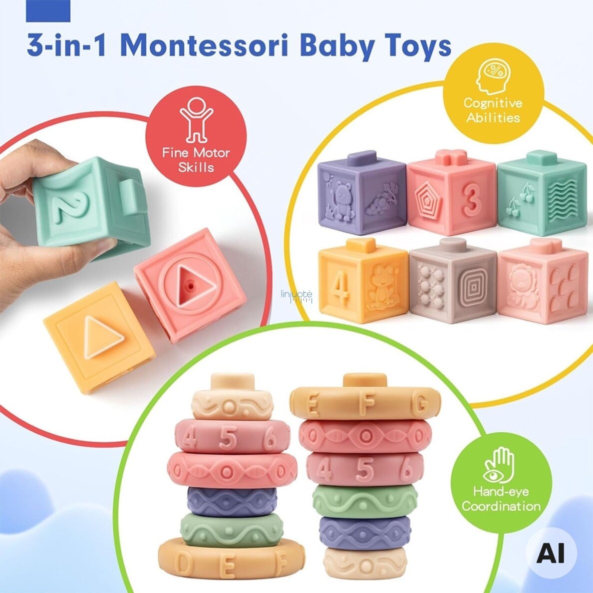 WOOPIE BABY Minkšti sensoriniai kaladėlės-kramtukai 23 vnt. 1 WOOPIE BABY Minkšti sensoriniai kaladėlės-kramtukai 23 vnt. 1