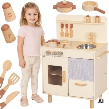TOOKY TOY medinė smėlio spalvos virtuvėlė su priedais TOOKY TOY medinė smėlio spalvos virtuvėlė su priedais