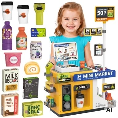 WOOPIE Parduotuvė Mini Market Interaktyvi Kasa Skaitytuvas Priedai Garsai Šviesa