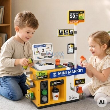 WOOPIE Parduotuvė Mini Market Interaktyvi Kasa Skaitytuvas Priedai Garsai Šviesa