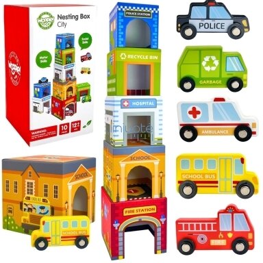 WOOPIE GREEN Dėlionė Rūšiuoklis Kaladėlės Miestas Transporto priemonės dėžutėse + Figūrėlės 10 el.