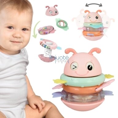 WOOPIE Baby Vaikiškas stumk-stovėk (vanka-vstanka) jutiminis žaislas 2in1 barškutis kramtukas rožinis