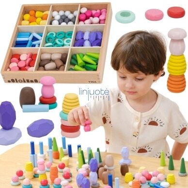 VIGA Edukacinės medinės kaladėlės Montessori dėlionė Sorter 141 el.