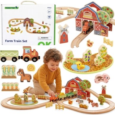 TOOKY TOY Medinis traukinukas Ferma rinkinys 48 el.