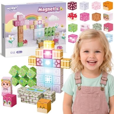 Woopie magnetinės kaladėlės-kubai 48 vnt. Montessori edukacinė 3D dėlionė