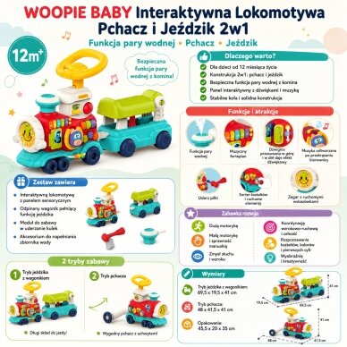 WOOPIE BABY Lokomotyvas Stumdukas Važiuonė Ežiukas 2in1 Interaktyvus Traukinys 2