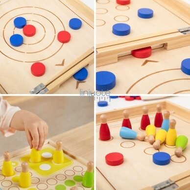 VIGA medinis vikrumo žaidimas 4in1 Stalo ledo ritulys Kerlingas Boulingas Ludo 5