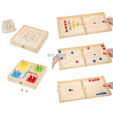 VIGA medinis vikrumo žaidimas 4in1 Stalo ledo ritulys Kerlingas Boulingas Ludo 7
