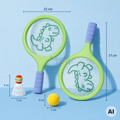 WOOPIE Badmintono ir teniso raketės su putų kamuoliuku ir plunksniuku Dinozauras 4