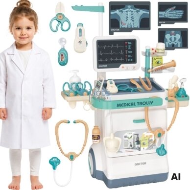 WOOPIE Gydytojo vežimėlis Rinkinys Mažasis daktaras EKG Garsas Šviesa Reguliuojamas 26 el.