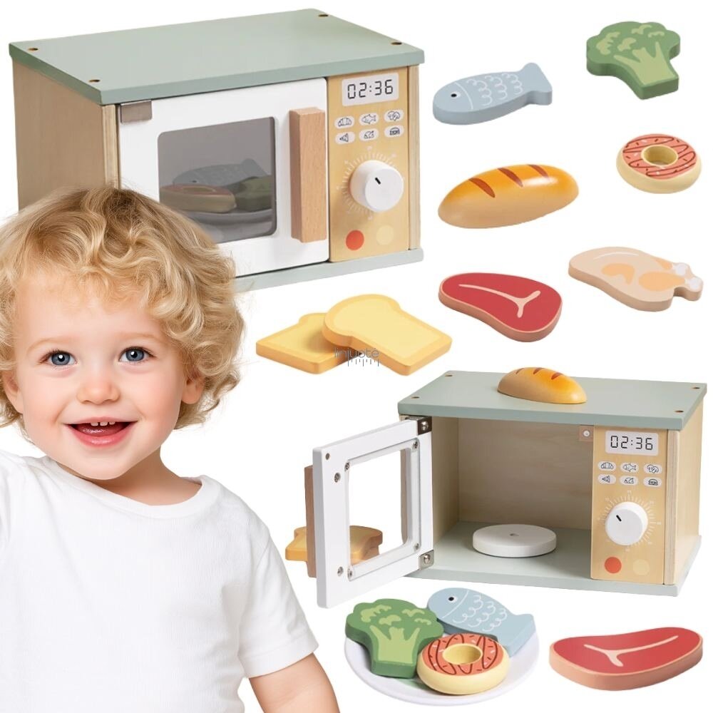 TOOKY TOY Medinė Mikrobangų Krosnelė Maisto Produktų Rinkinys, TP525 TOOKY TOY Medinė Mikrobangų Krosnelė Maisto Produktų Rinkinys, TP525
