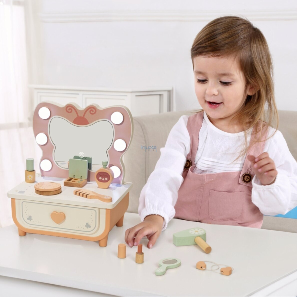 TOOKY TOY Medinis Tualetinis Staliukas Drugelis Priedai Veidrodis su LED Apšvietimu + Kosmetika TP528 2