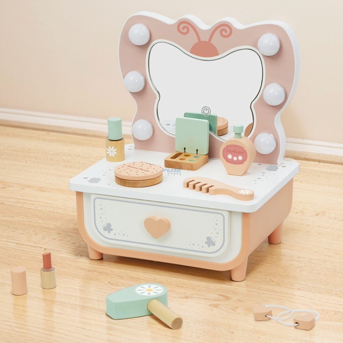 TOOKY TOY Medinis Tualetinis Staliukas Drugelis Priedai Veidrodis su LED Apšvietimu + Kosmetika TP528 3