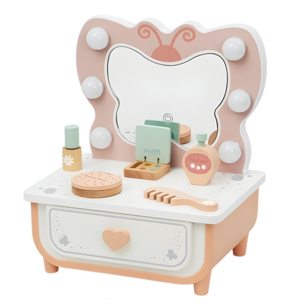 TOOKY TOY Medinis Tualetinis Staliukas Drugelis Priedai Veidrodis su LED Apšvietimu + Kosmetika TP528 4