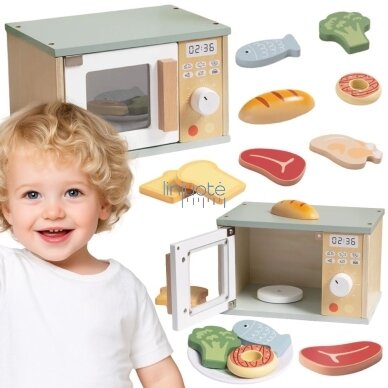 TOOKY TOY Medinė Mikrobangų Krosnelė Maisto Produktų Rinkinys, TP525 TOOKY TOY Medinė Mikrobangų Krosnelė Maisto Produktų Rinkinys, TP525
