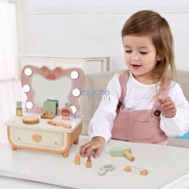 TOOKY TOY Medinis Tualetinis Staliukas Drugelis Priedai Veidrodis su LED Apšvietimu + Kosmetika TP528 2