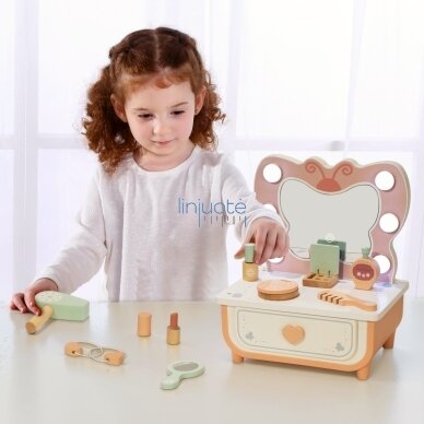TOOKY TOY Medinis Tualetinis Staliukas Drugelis Priedai Veidrodis su LED Apšvietimu + Kosmetika TP528 1
