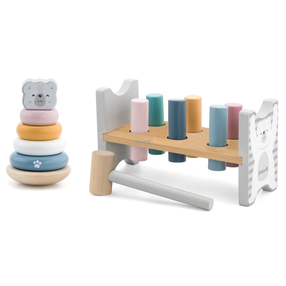 VIGA PolarB rinkinys medinė piramidė + kalimo žaidimas su plaktuku Baltasis lokys Montessori 1