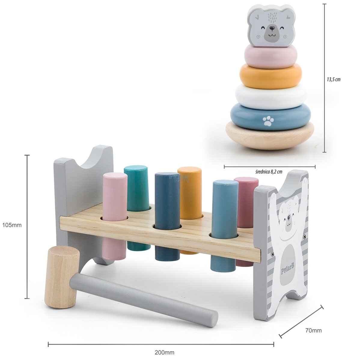 VIGA PolarB rinkinys medinė piramidė + kalimo žaidimas su plaktuku Baltasis lokys Montessori 4