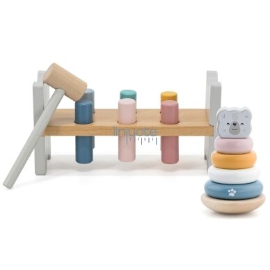 VIGA PolarB rinkinys medinė piramidė + kalimo žaidimas su plaktuku Baltasis lokys Montessori 2