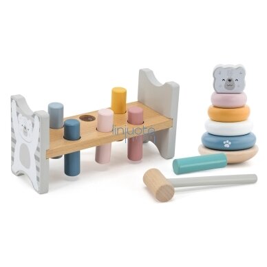 VIGA PolarB rinkinys medinė piramidė + kalimo žaidimas su plaktuku Baltasis lokys Montessori 3