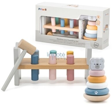 VIGA PolarB rinkinys medinė piramidė + kalimo žaidimas su plaktuku Baltasis lokys Montessori VIGA PolarB rinkinys medinė piramidė + kalimo žaidimas su plaktuku Baltasis lokys Montessori