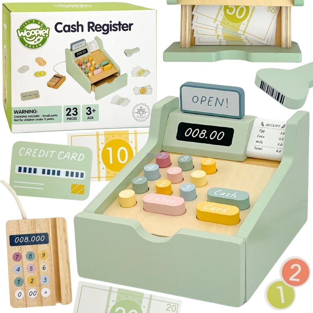Woopie Green Medinė Edukacinė Parduotuvės Kasa su Priedais 23 el., FSC Sertifikuota 56430