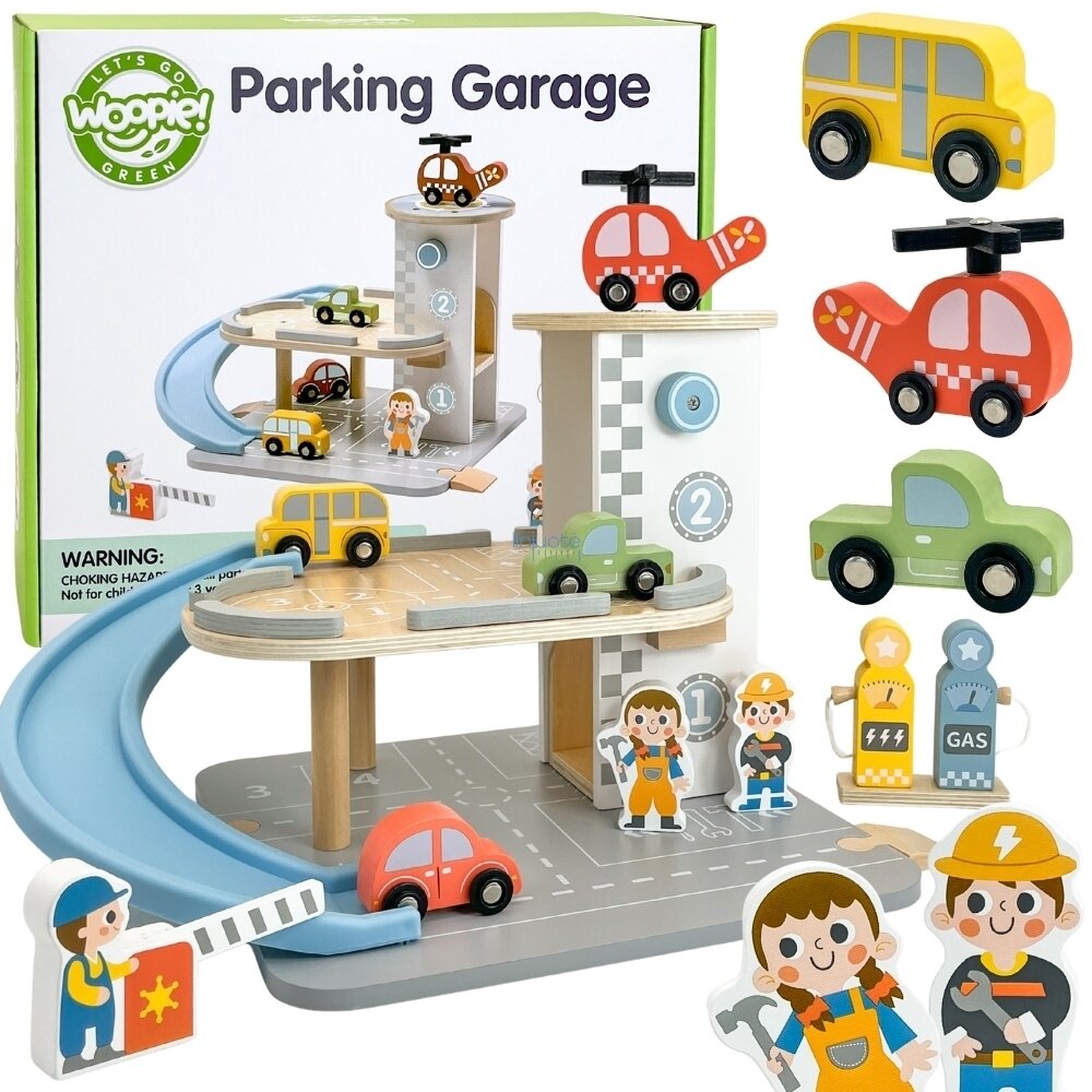WOOPIE GREEN Daugiaaukštė Medinė Automobilių Stovėjimo Aikštelė Ir Degalinė su Mašinėlėmis ir Figūrėlėmis 12 d. WOOPIE GREEN Daugiaaukštė Medinė Automobilių Stovėjimo Aikštelė Ir Degalinė su Mašinėlėmis ir Figūrėlėmis 12 d.