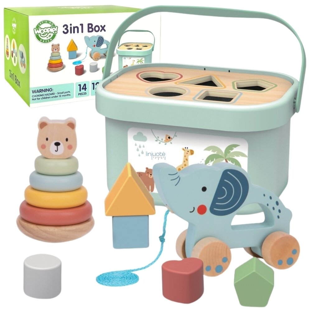 WOOPIE GREEN Dėžutė Rūšiuoklė Box 3v1 Kaladėlės Piramidė Dramblys FSC, 49669