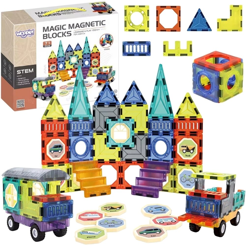 WOOPIE MAGNETINIAI 3D KONSTRUKTORIAI RINKINYS PILIS TRANSPORTO PRIEMONĖS 71EL., 54870 WOOPIE MAGNETINIAI 3D KONSTRUKTORIAI RINKINYS PILIS TRANSPORTO PRIEMONĖS 71EL., 54870