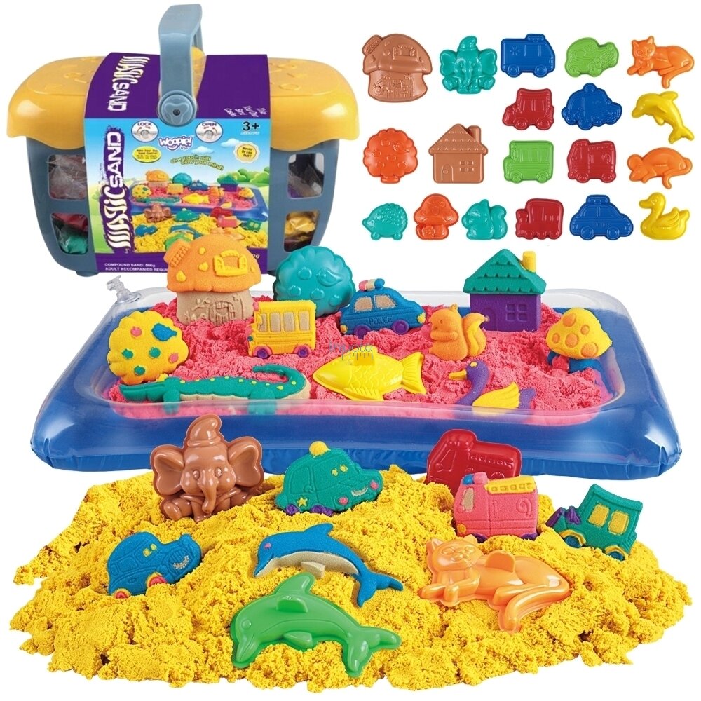 WOOPIE KINETINIS SMĖLIS 0,8 KG RINKINYS KREPŠELYJE SU FORMELĖMIS + BASEINAS, 54764
