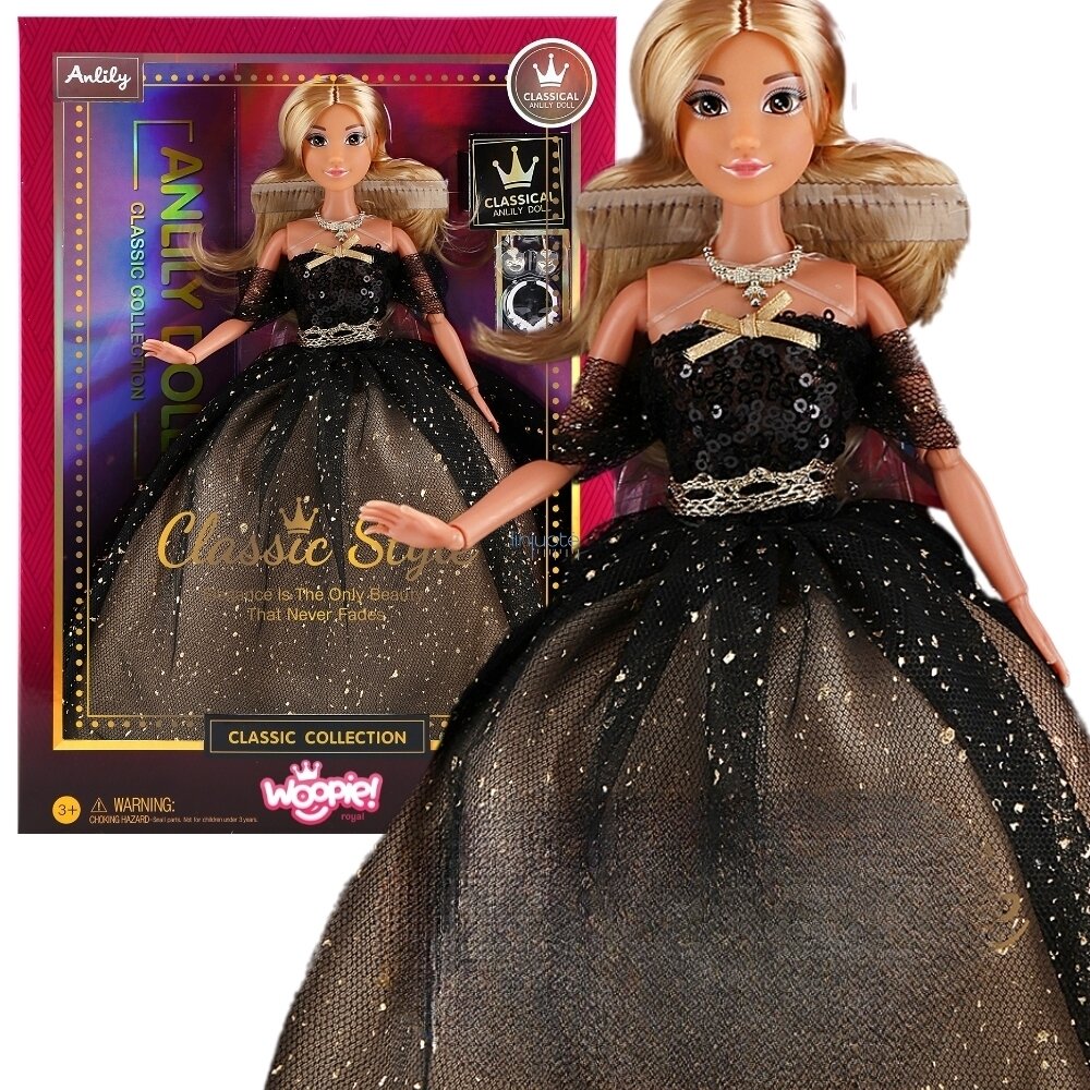WOOPIE ROYAL Lėlė Lily 30 cm Ilgi Blond Plaukai Juoda Balinė Suknelė, 57789