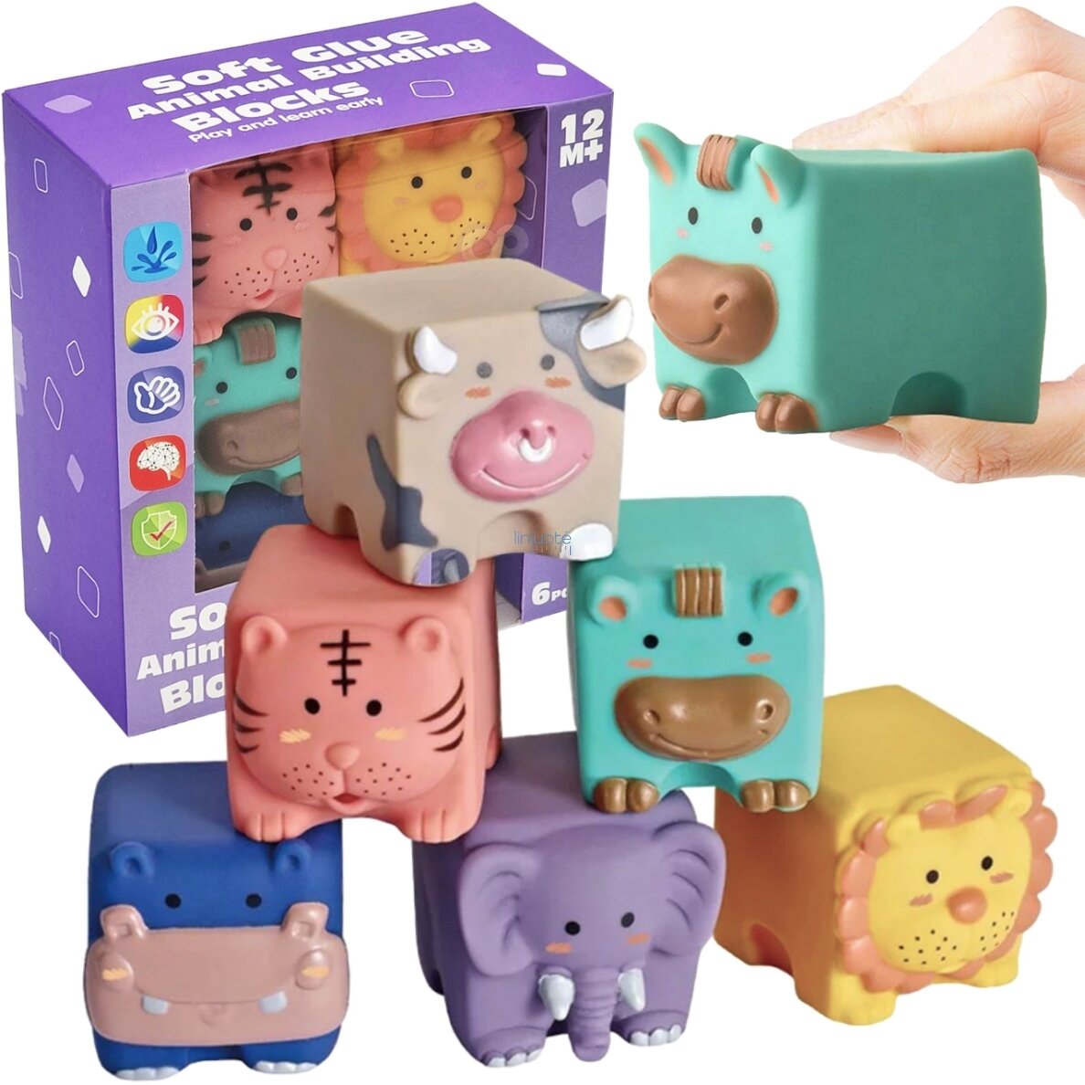 WOOPIE BABY Jutikliniai Blokai Gyvūnų Dėlionė Squeeze + Garso 6 vnt.